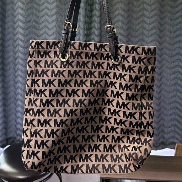 Michael Kors Handbags - Michael Kors MK Logo Monogram Tote Bag With Black Leather Straps EUC